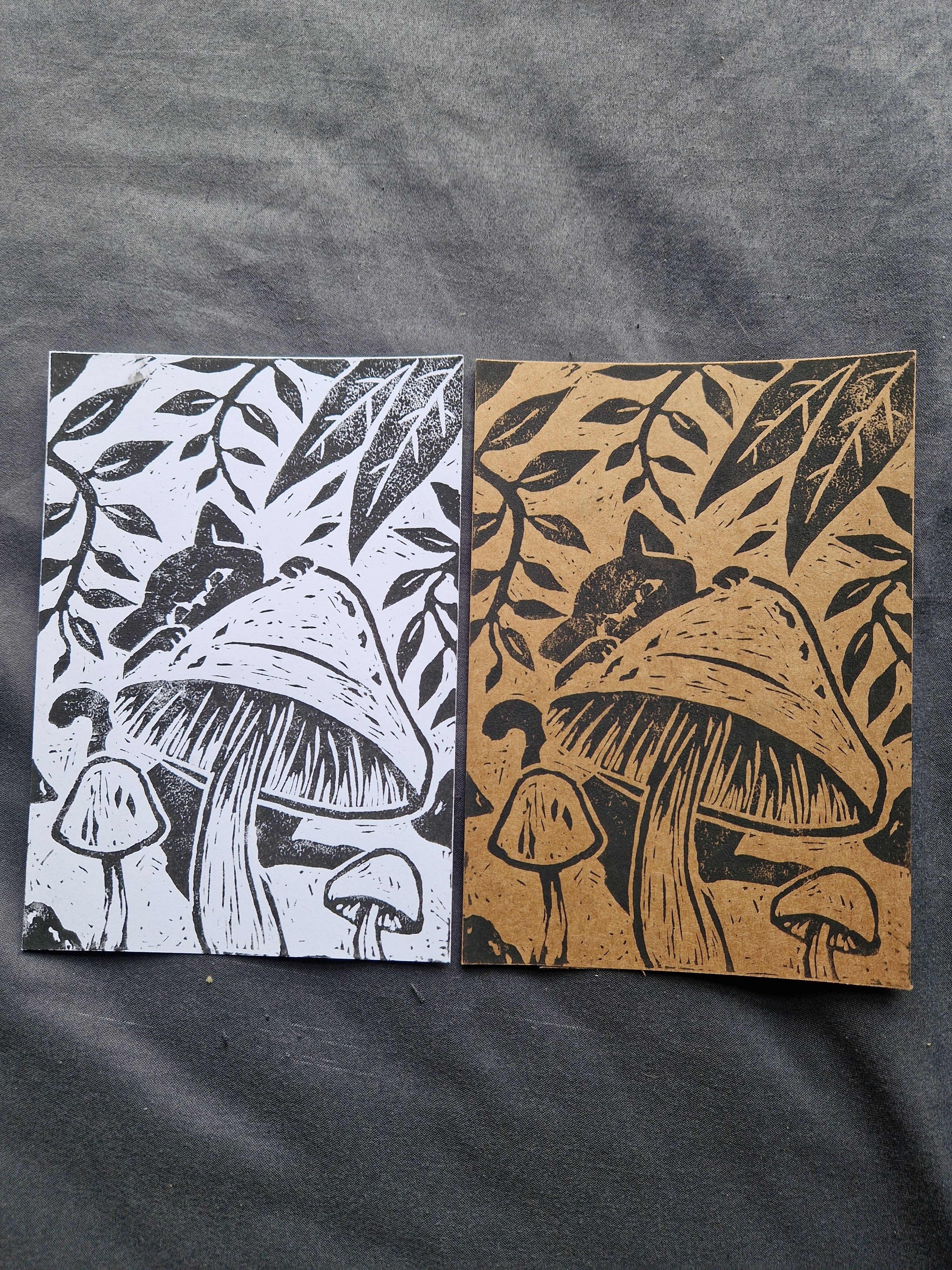 Kitty on a Mushroom - lino print