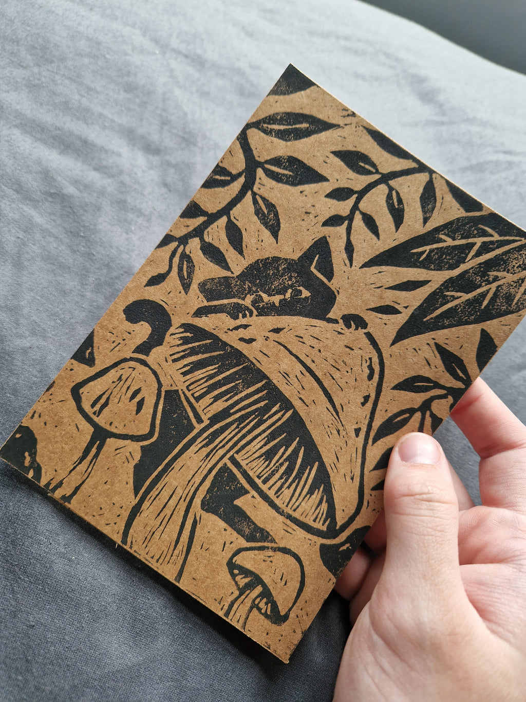 Kitty on a Mushroom - lino print