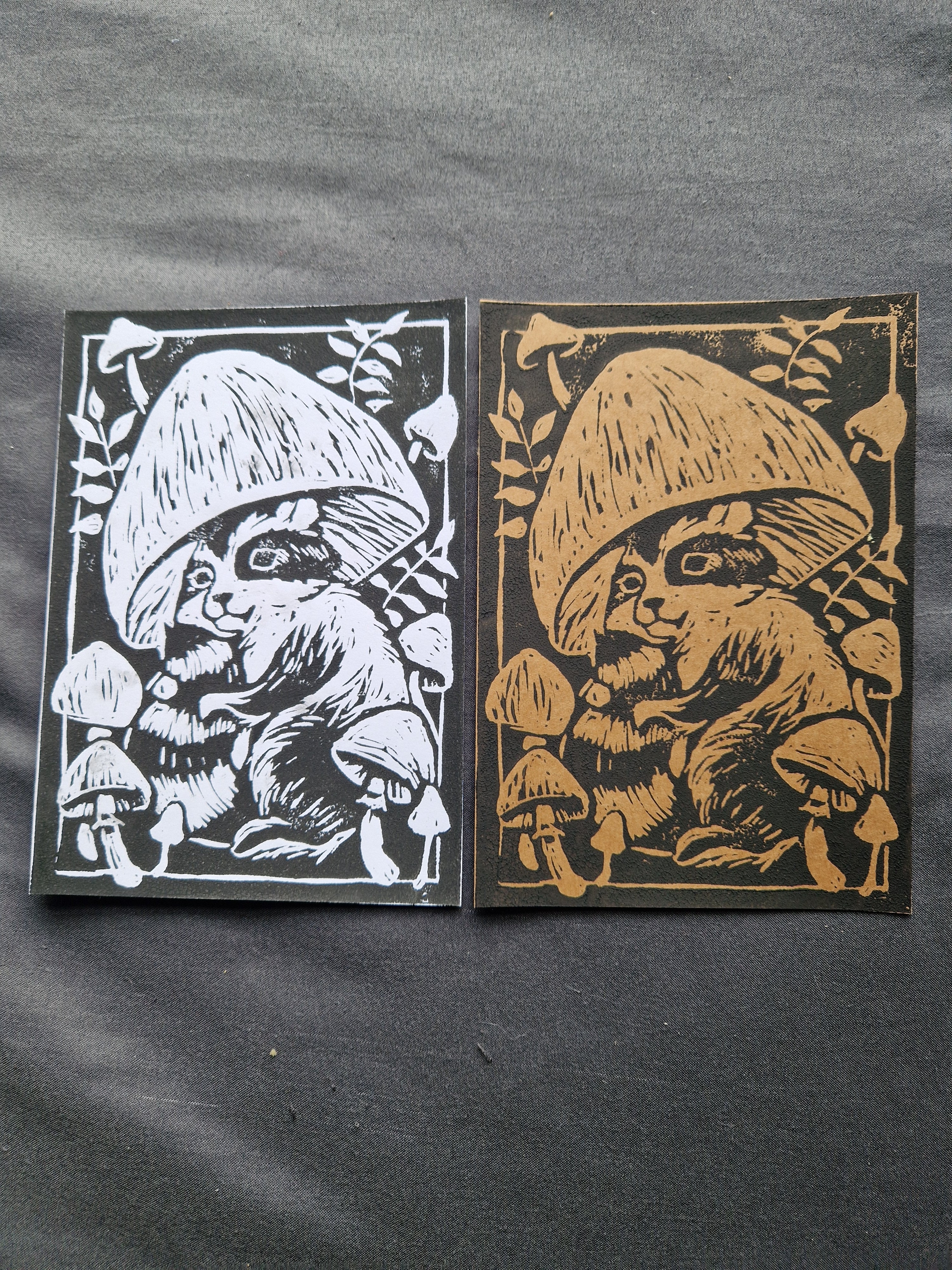 Raccoon Mushroom Hat - lino print