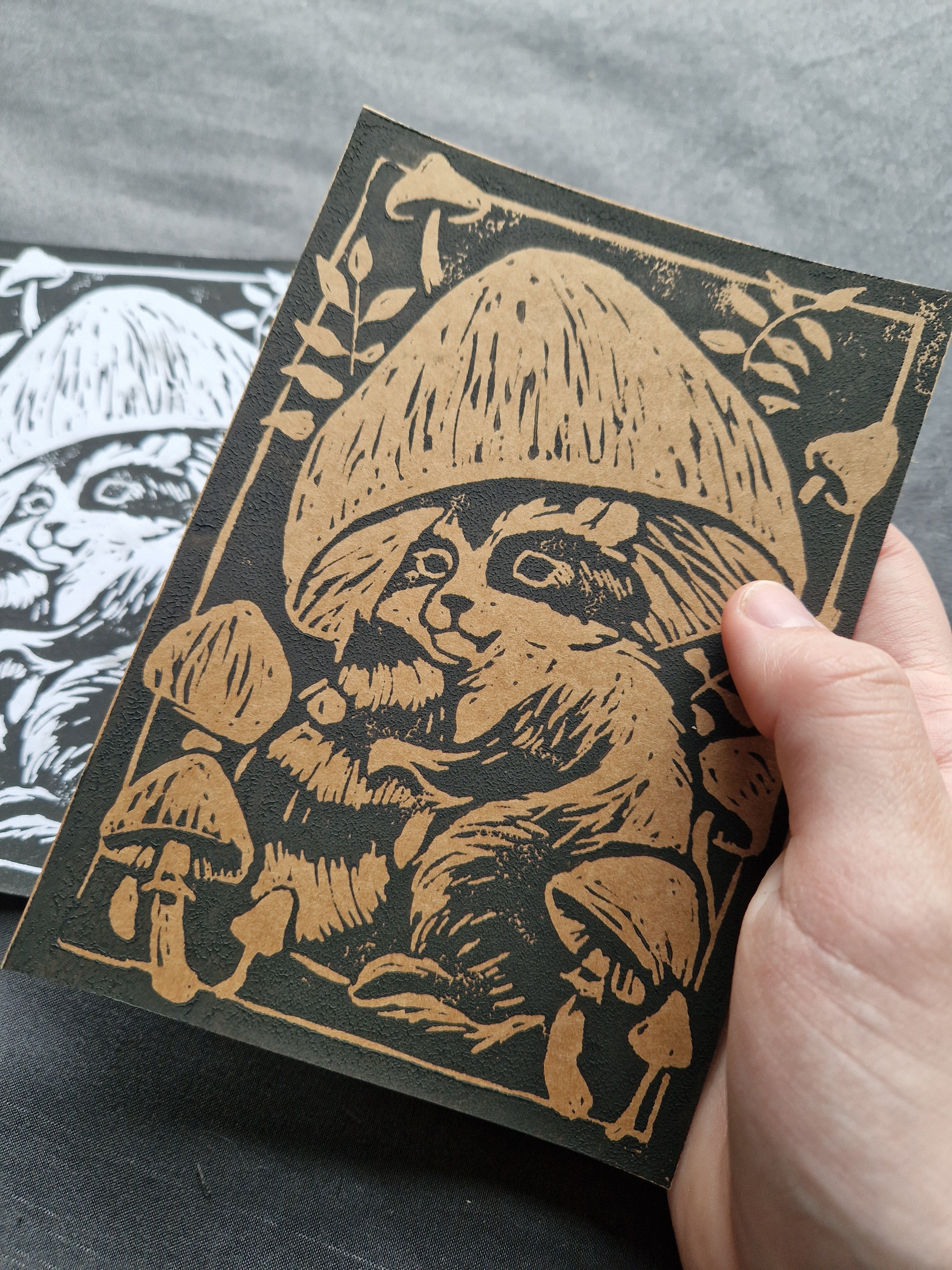 Raccoon Mushroom Hat - lino print
