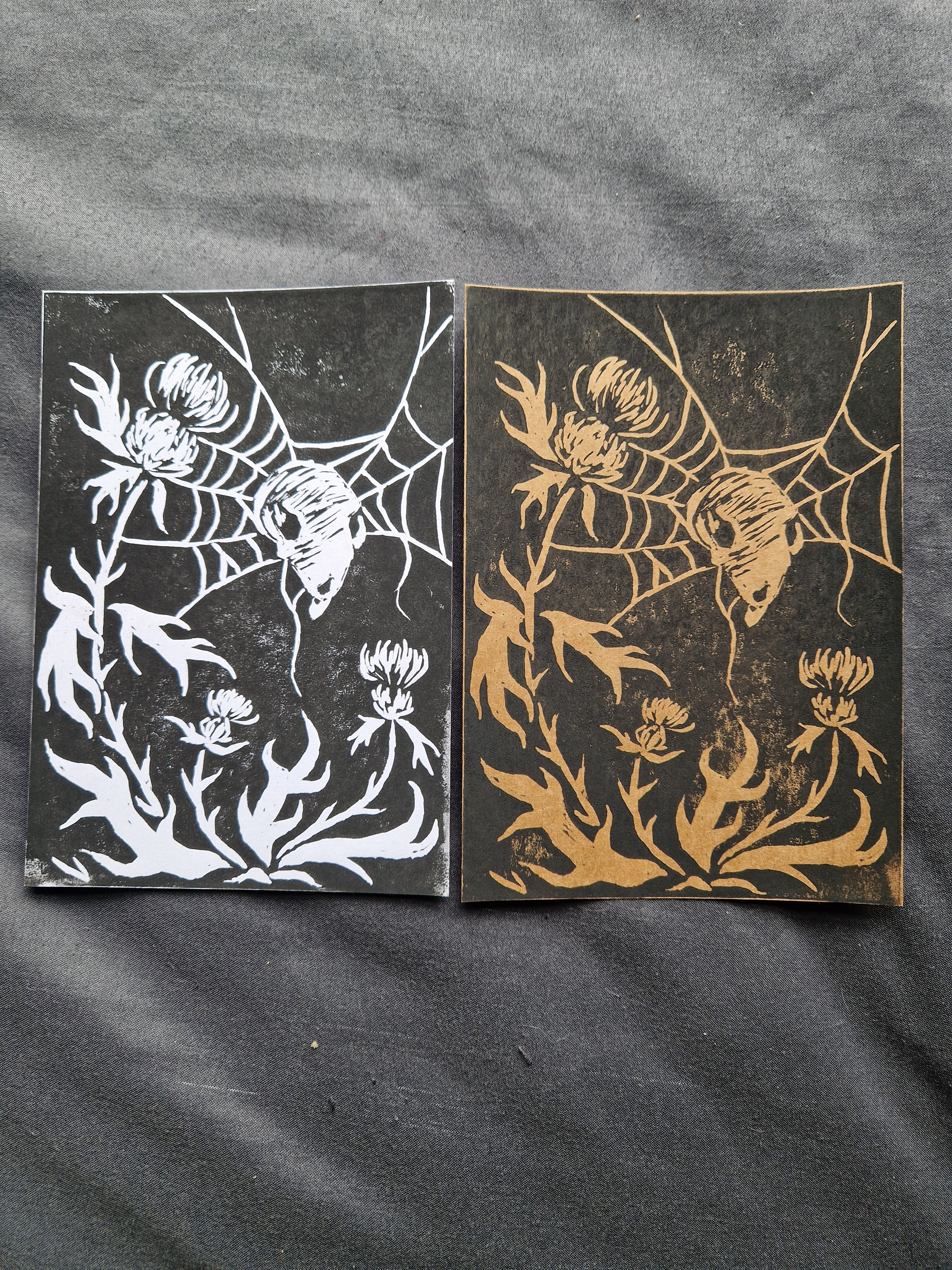 Skull in a Web - lino print