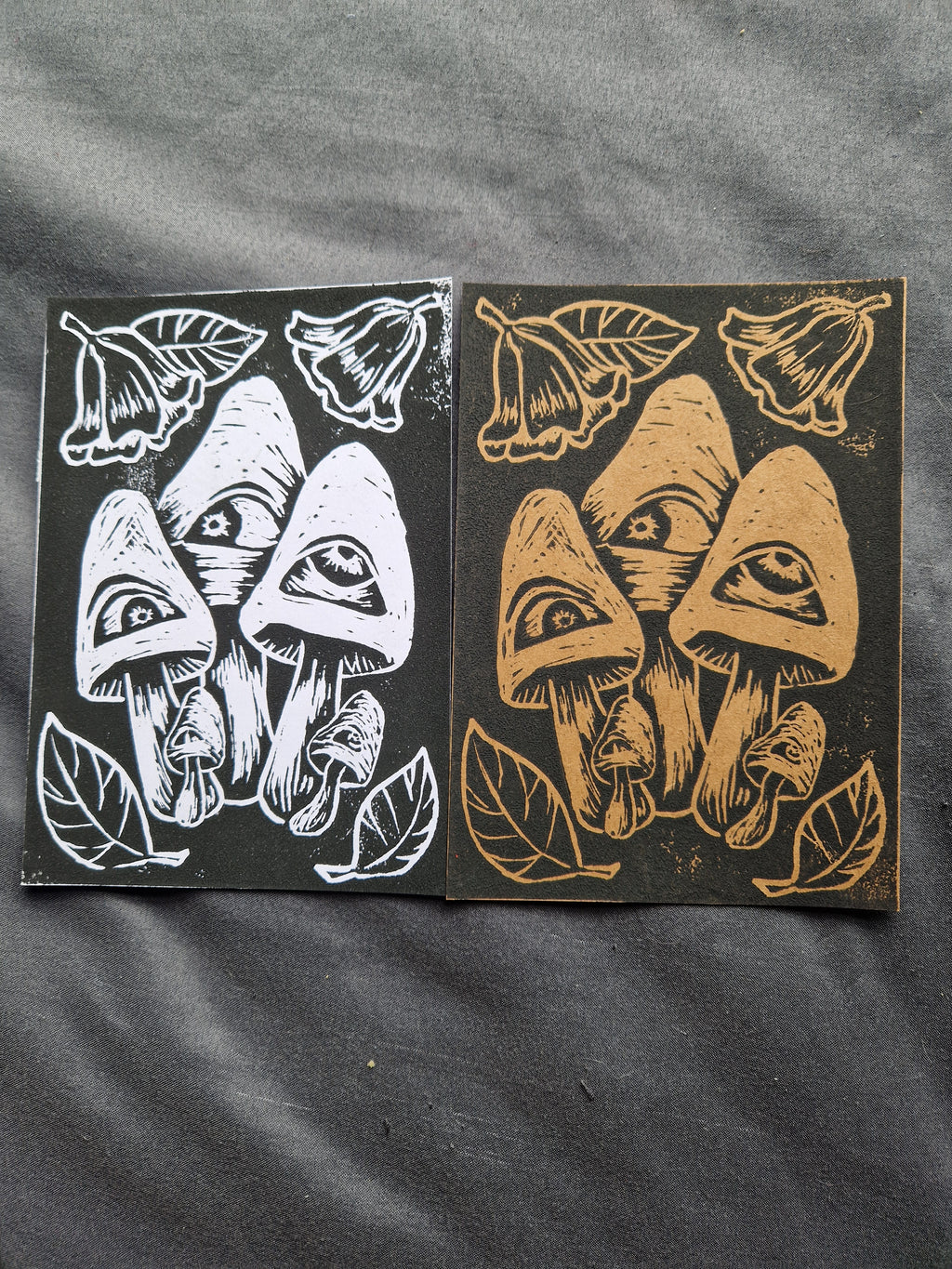 Mushrooms with Eyes - lino print