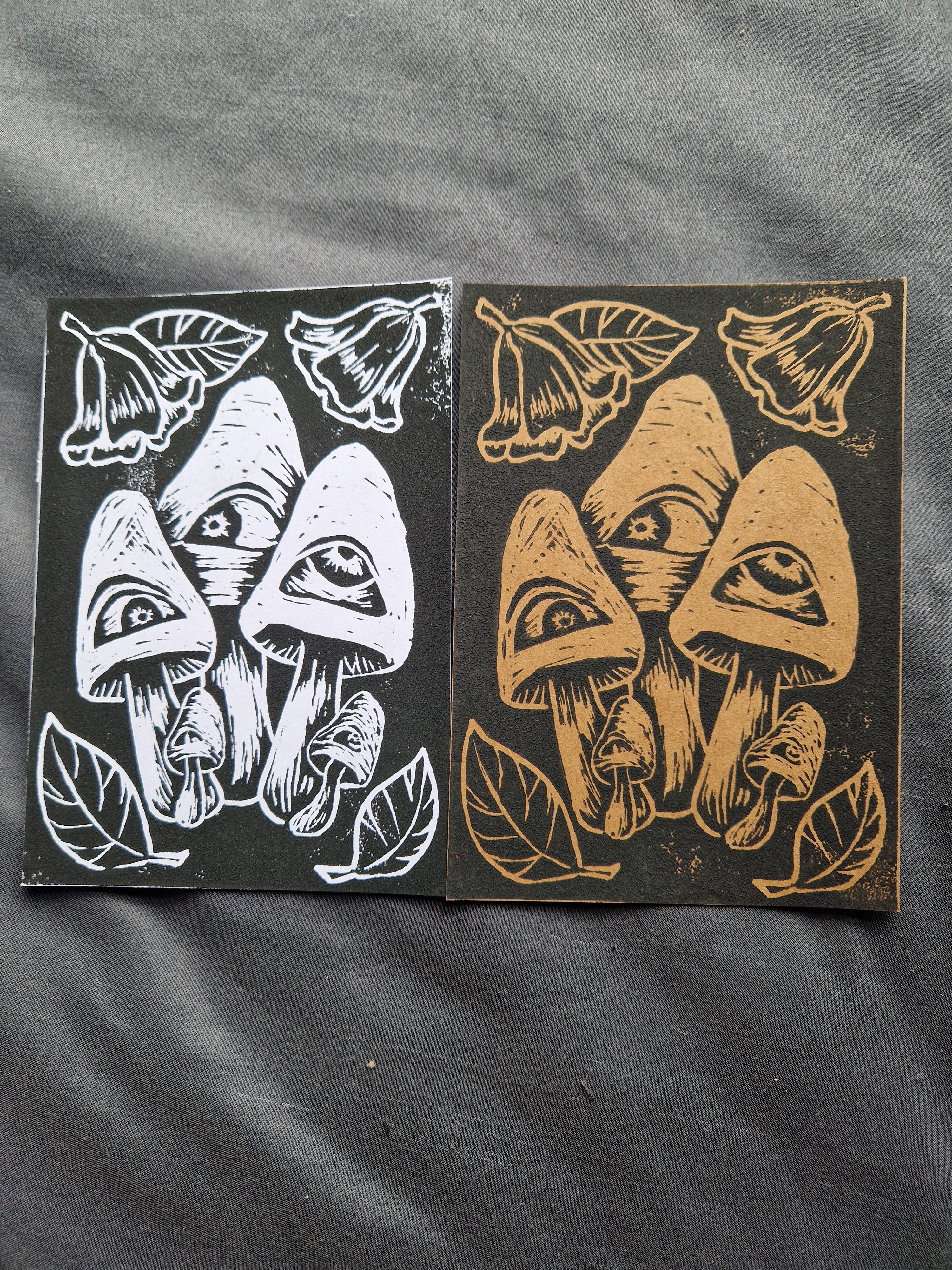 Mushrooms with Eyes - lino print