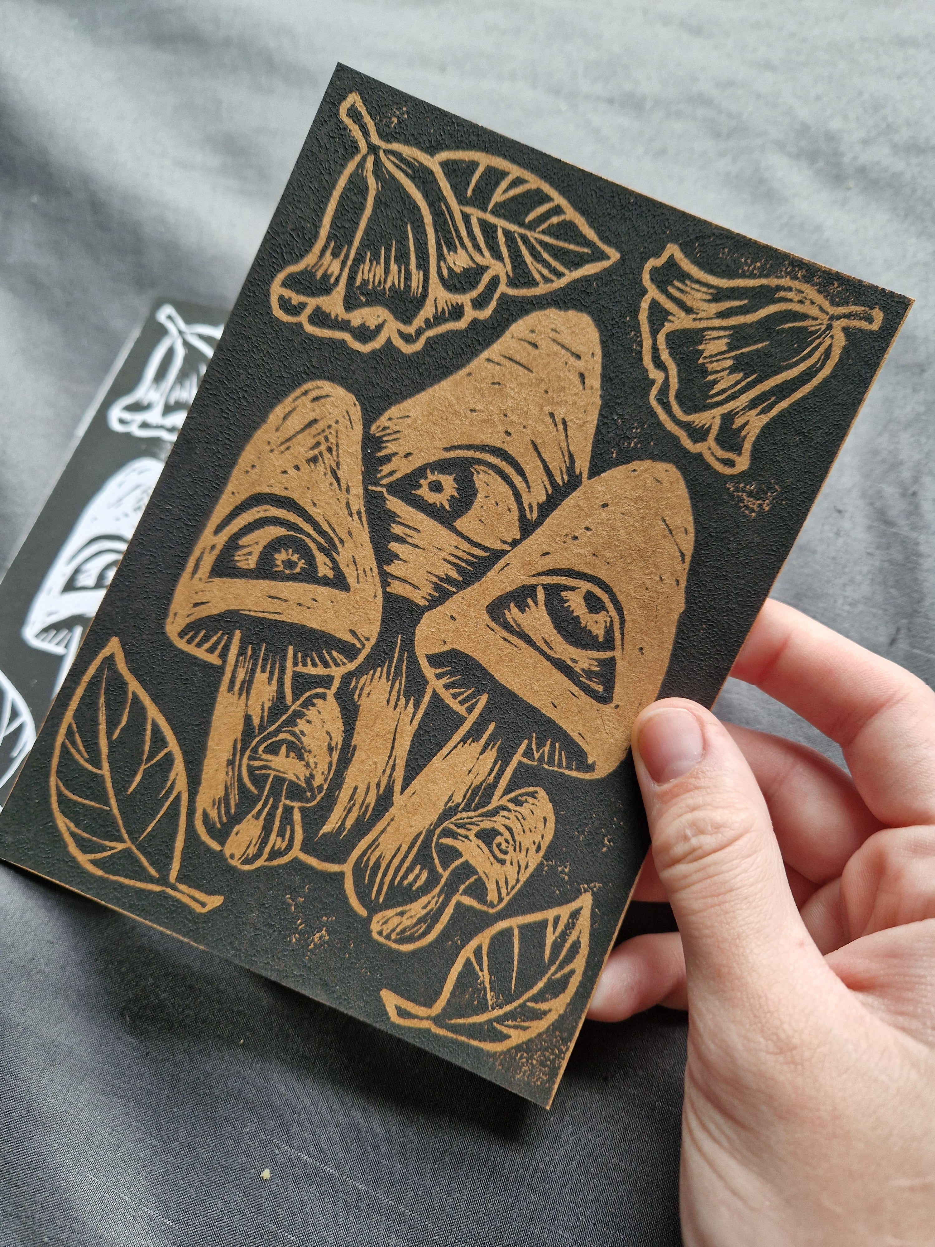 Mushrooms with Eyes - lino print